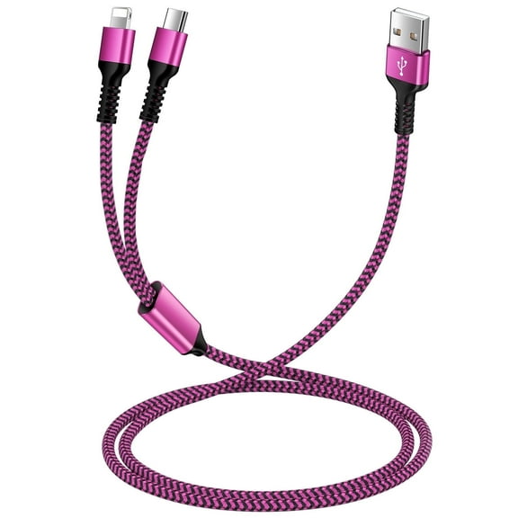Bioonis Compatible for iPhone&Type C to USB A 2 in 1 Fast Charging Cable,4FT Dual Cable Nylon Braided Cord,3A Fast Charging&Data Sync Charger Cord Compatible with iPhone Samsung Google Pixel(Pink)