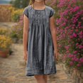thumbnail image 2 of Milgrthf Robe en Lin pour Fille Robes d'Été Vintage Col Rond Manches Courtes Robes Froncées T-Shirts Robe Tenue Décontractée de Vacances Gris 8 Ans, 2 of 7