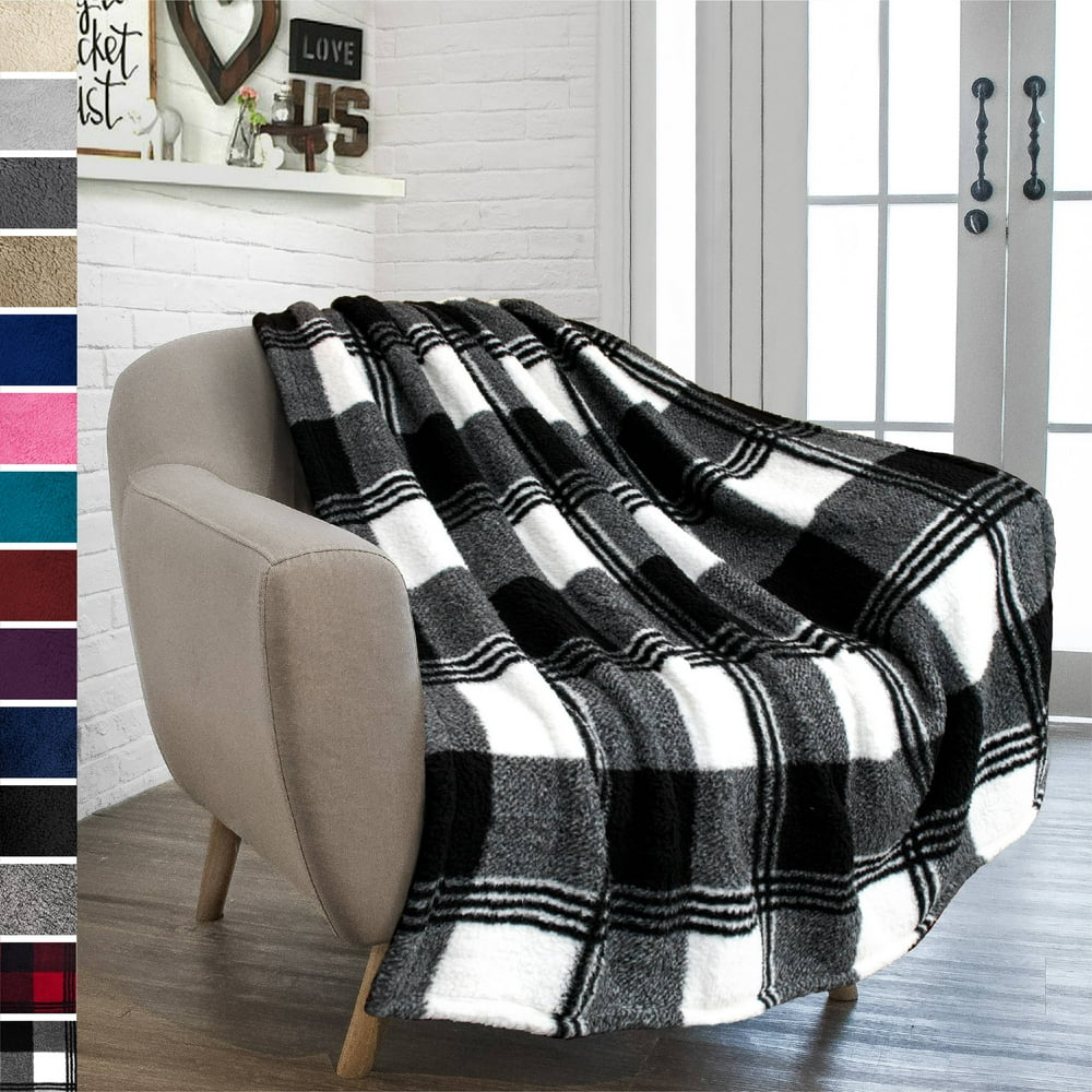 PAVILIA Buffalo Check Sherpa Throw Blanket Black White Checkered