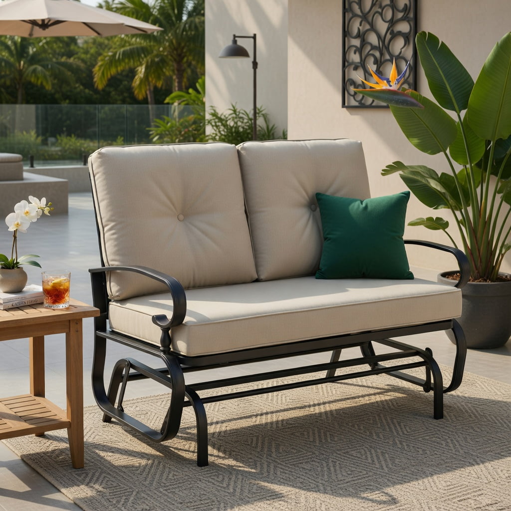 Hommoo 2-Person Outdoor Swing Glider Bench with Plush Olefin Cushions, Rust-Resistant Steel Frame Patio Loveseat for Backyard, Porch & Garden, Beige