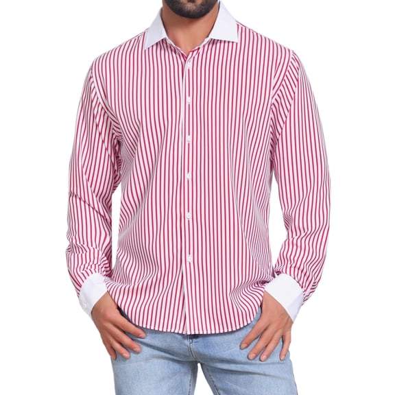 DARING DIVA Men's Striped Button Down Long Sleeve Stretch Shirts S Red