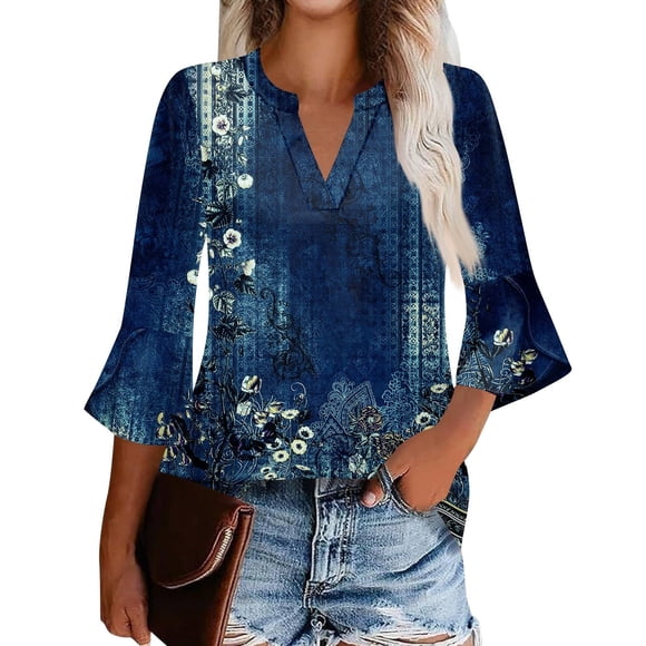 Outfmvch V Neck Sweaters for Women,Bell Sleeve Tops,Layering Tops for Women,Flared Sleeve Seven Sleeve V Neck T Shirt Top,Long Sleeve Tees for Women,Womens 3/4 Sleeve Tops and Blouses Navy S