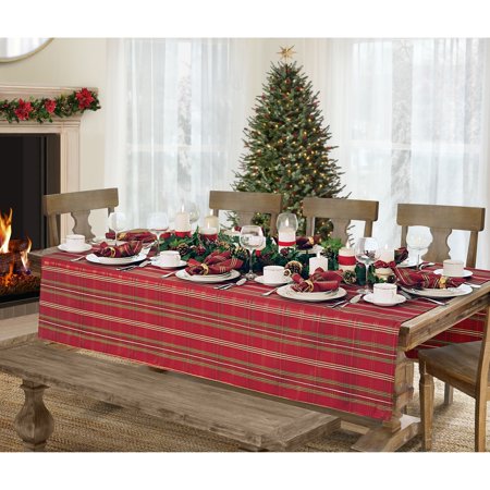 Shimmering Plaid Holiday Tablecloth - 60" x 144" - Red/Green - Elrene Home Fashions