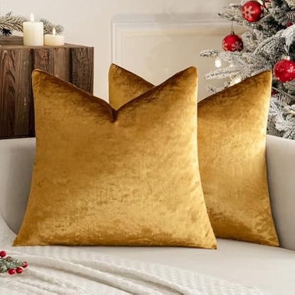 Eryueer Champagne Gold Luxurious Velvet Cushion Covers Soft Decorative Square Throw Pillow Case Pillowcases for Livingroom Sofa Bedroom with Invisible Zipper 18"x18" 45cm x 45cm 2 Pieces