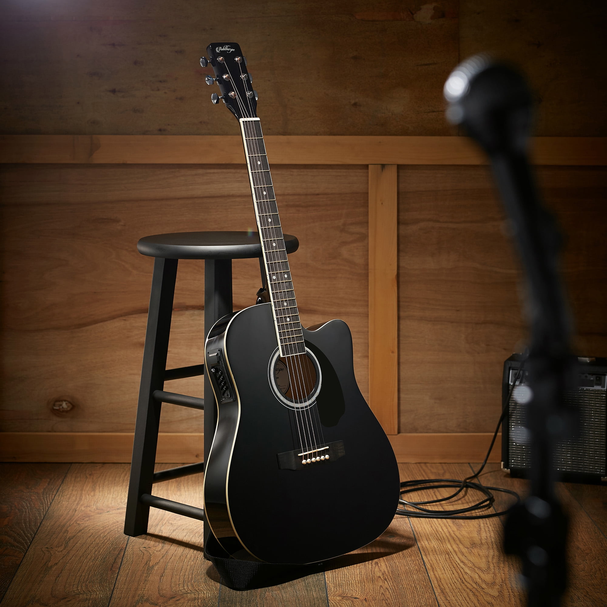 Ashthorpe Full-Size Cutaway Thinline Acoustic Electric Guitar Package, Black