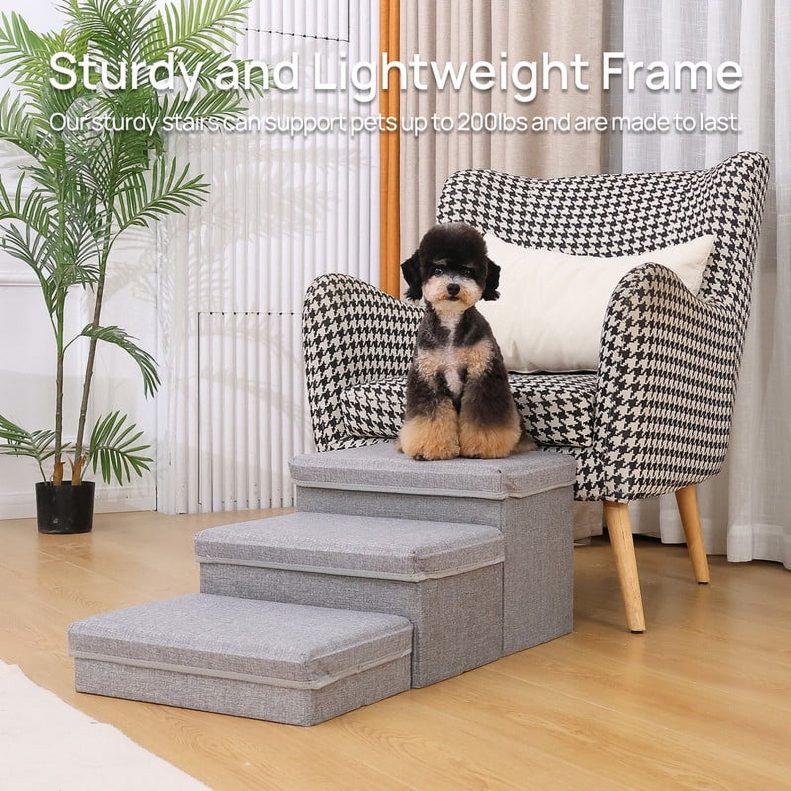 Walnest Pet Stairs 3-Step Dog Step Stairs Pet Ladder Cover Removable Comfortable Dog Ramp with Storage Boxes,Folding Dog Ramp Stairs for Beds Couches,Gray