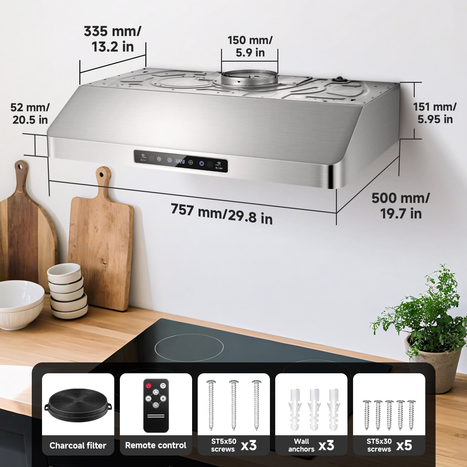 Aaobosi Under Cabinet Range Hood 30 Inch 750CFM Stainless Steel Kitchen Stove Vent Hood 3 Speed Exhaust Fan with Remote Control