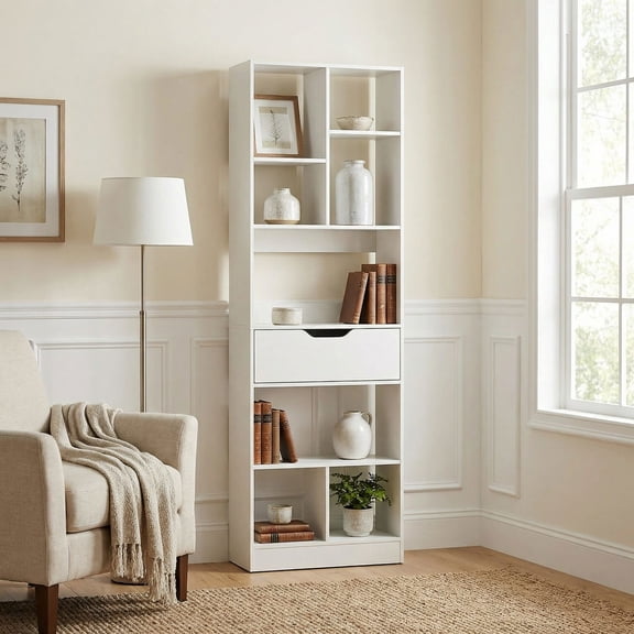 Resenkos 61 Inch Tall Freestanding Bookcase with Drawer, 8-Cube Storage Organizer for Study, Bedroom, White