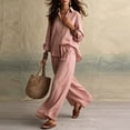 thumbnail image 4 of BRELIL Women Plus Size Two Piece Outfits Sets Long Sleeve Collared Button Shirt Wide Leg Pants Casual Lounge Set Solid Boho Vacation Travel Matching Tracksuit, Pink S, 4 of 6