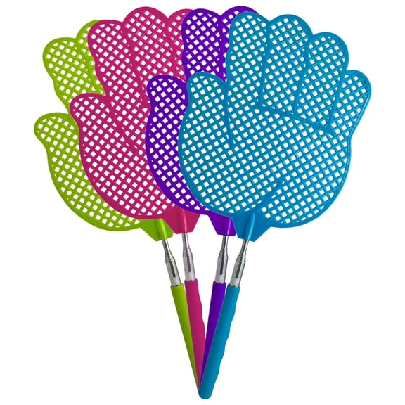Set of 4 Telescopic Jumbo Fly Swatters - Extends from 14" to 30" with Jumbo Sized 7.5" x 6" Head (Hand)