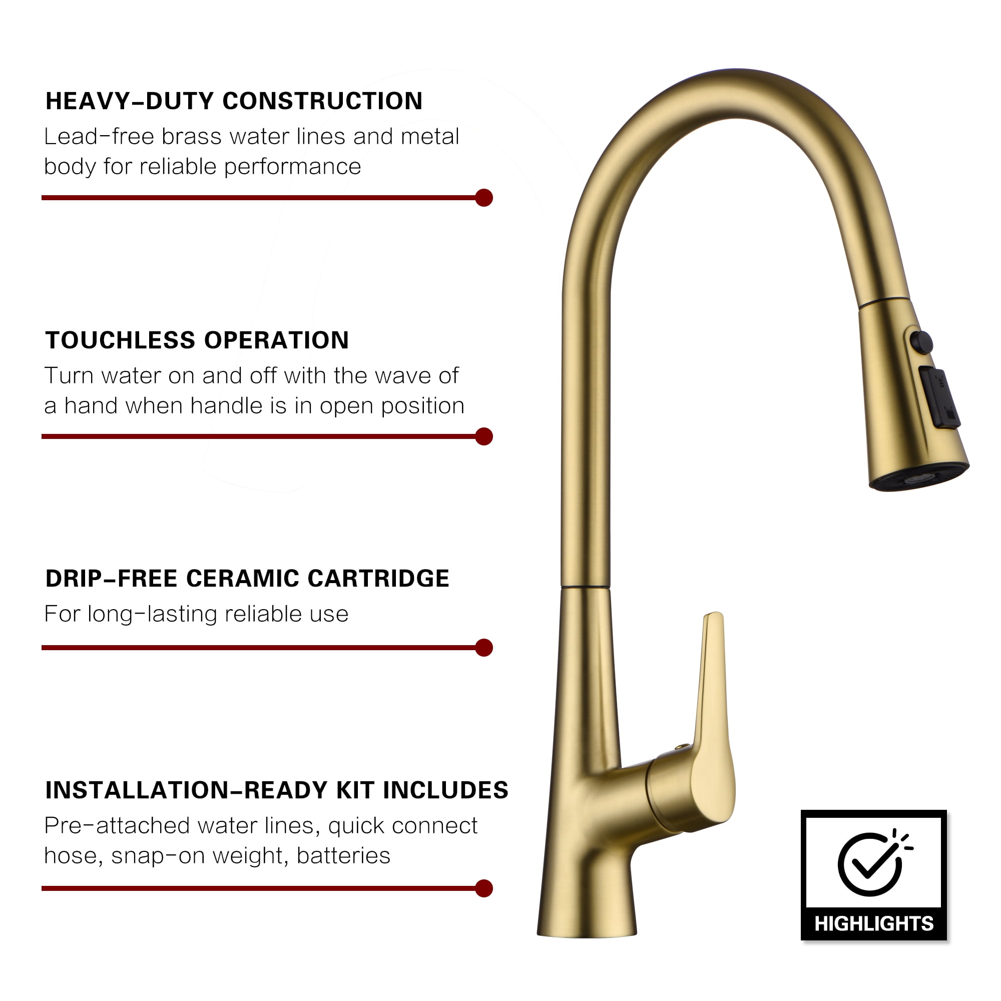 sumerain Brushed Gold Touchless Kitchen Sink Faucet with Pull Down Sprayer,Hands Free Motion Sensor Kitchen Sink Faucet