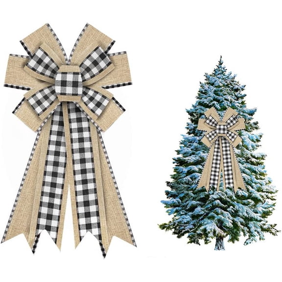 Hsomely Christmas Wreath Bows, White Black Buffalo Plaid Burlap Bows for Tree Topper Indoor Outdoor Christmas Home Decor