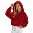 thumbnail image 3 of FRSASU Girl's Cropped Hoodie Long Sleeve Fuzzy Plush Pullover Casual Solid Color Short Hooded Sweatshirt Top Red, 3 of 8