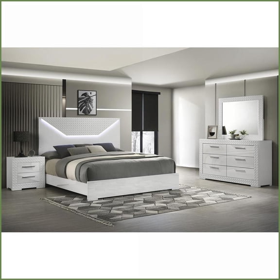 Bedroom Furniture Set 4-Piece King Modern White Wood with LED Headboard | White | Wood