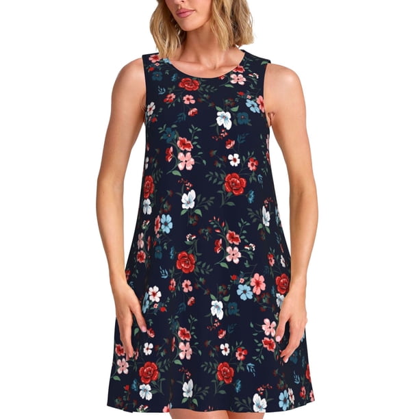 Fotbe Vintage Rose Vestido de Verano sin Mangas para Mujer – Vestido Midi Línea A, Estilo Camiseta Floral, Vestido Playero Casual y Fluido