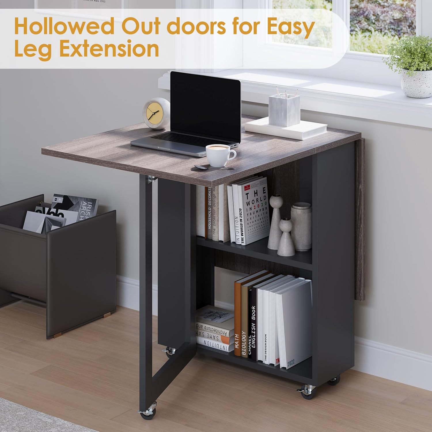 Kuublock Folding Dining Table with 2 Storage Racks, Space Saving Dining Table with 6 Wheels, Kitchen Table for Small Spaces
