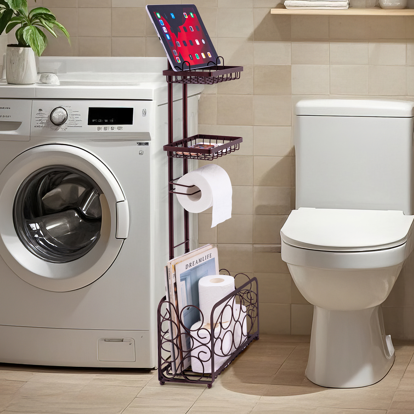 Oasis Creations Toilet Paper Holder Tissue Rack Stand with Magazine Toilet Roll Storage Basket- Freestanding, Bronze Metal