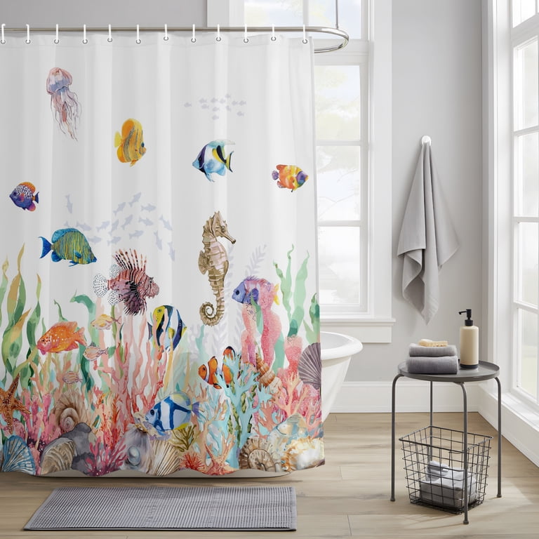 fish shower curtains bath accessory sets 3D Ocean Curtain Set, Nature Scenic of Tropical Fish, Jellyfish, Shark in the Sea Bathroom Bathtubs Decor for Ocean Themed Home, Gifts for Kids Boys Girls Child, Blue Teal Size Options Summer Ocean Shower Curtain for