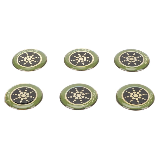 protección para teléfono celular pegatinas para teléfono celular de protección, pegatina radiación 6 piezas pegatinas para teléfono celular de radiación pegatinas para — seis pegatinas redondas de aprox. 2.9 cm (1.1 in) con borde verde y centro negro con patrón de puntos dorados; material según especificaciones: minerales e iones negativos; vista cenital en dos filas sobre fondo blanco; la ficha de producto indica absorción de ondas 5G y periodo de validez de 5 años; a menudo se usan también como etiquetas decorativas en fundas de teléfono.