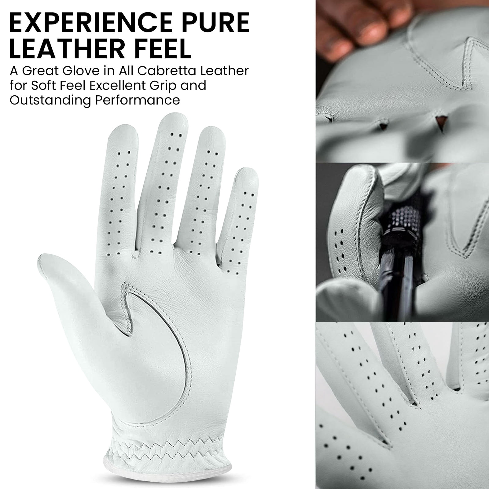 Golf Gloves Men Right Handed Golfer Cabretta Leather Left Hand 2 Pack, Men's Golf Soft Enhance Grip Fit Size from Small to XXL (White-2 Pack, X-Large, Left)