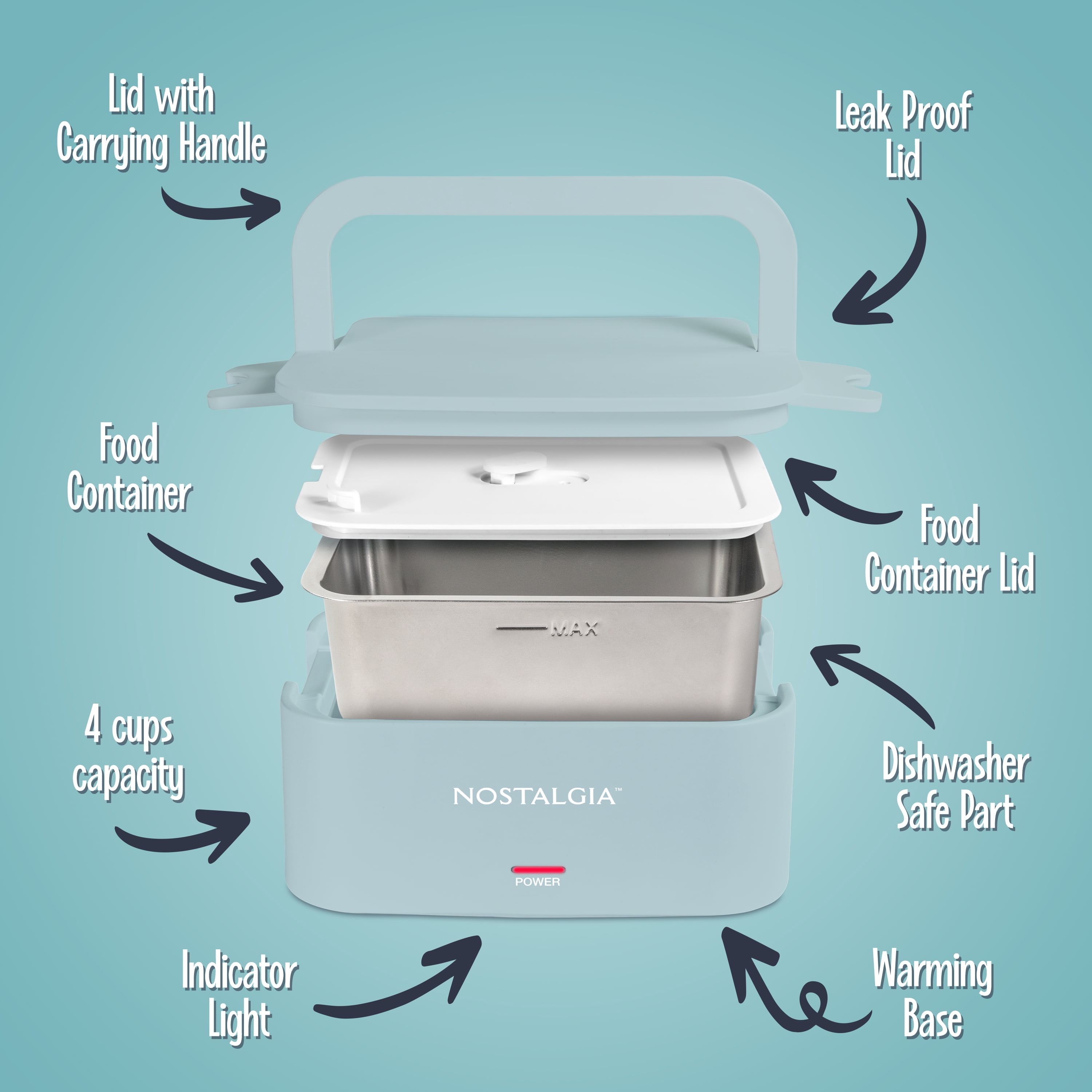 Nostalgia 32 oz Portable Heated Lunch Box with Stainless Steel Lunch Container, Chambray