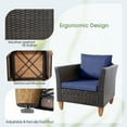 thumbnail image 4 of Patiojoy 3 Pieces Outdoor Rattan Furniture Set Wicker Bistro Set Wooden Table Top with Navy Cushions, 4 of 8