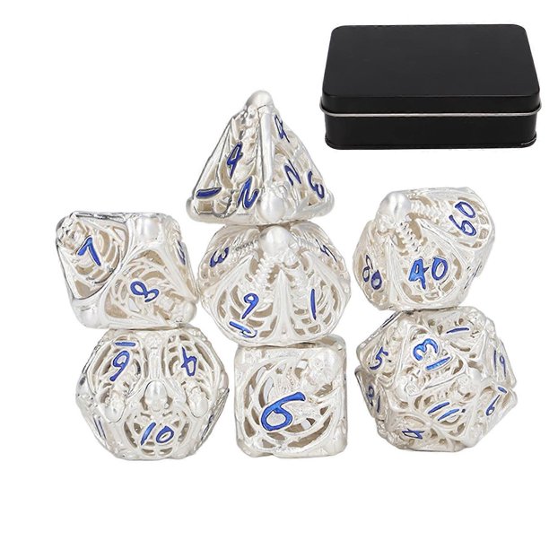 7pcs Hollow Polyhedral Dice Set Holiday Party Skull Pattern Metal Dice Props for Board Card Game Antique Silver