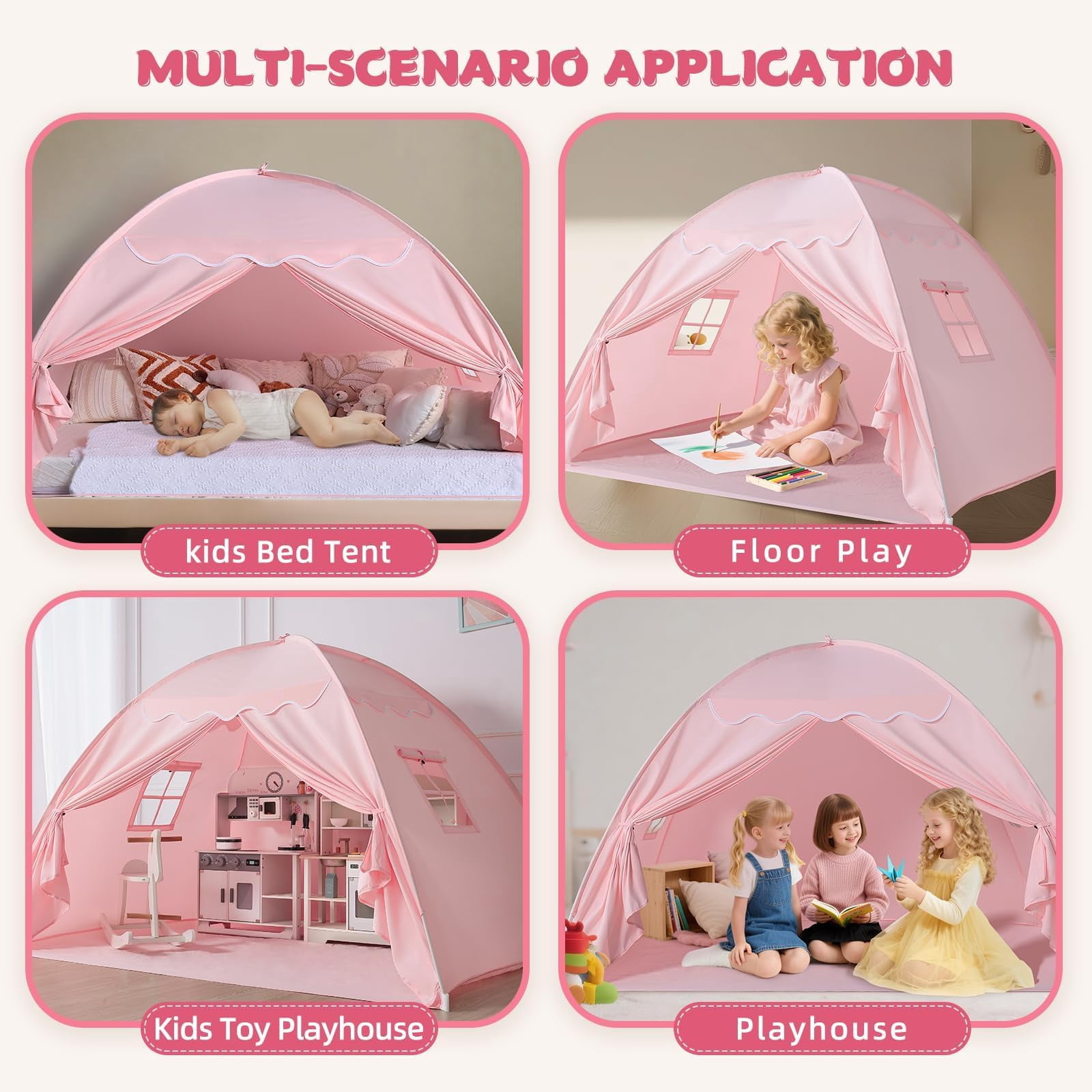 Bed Tent Canopy: Lights & Flags Indoor Play -bed Teepee Tents - Girls&boys Playhouse Space Sleeping Gifts (twin Pink)