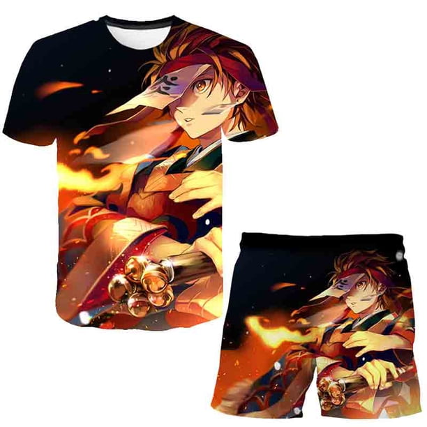 Conjuntos de ropa Demon Slayer para bebés y niñas, camisetas de manga corta de verano + Pantalones cortos, 2 uds./trajes, nuevos trajes informales estampados 10T Gao Jinjia LED
