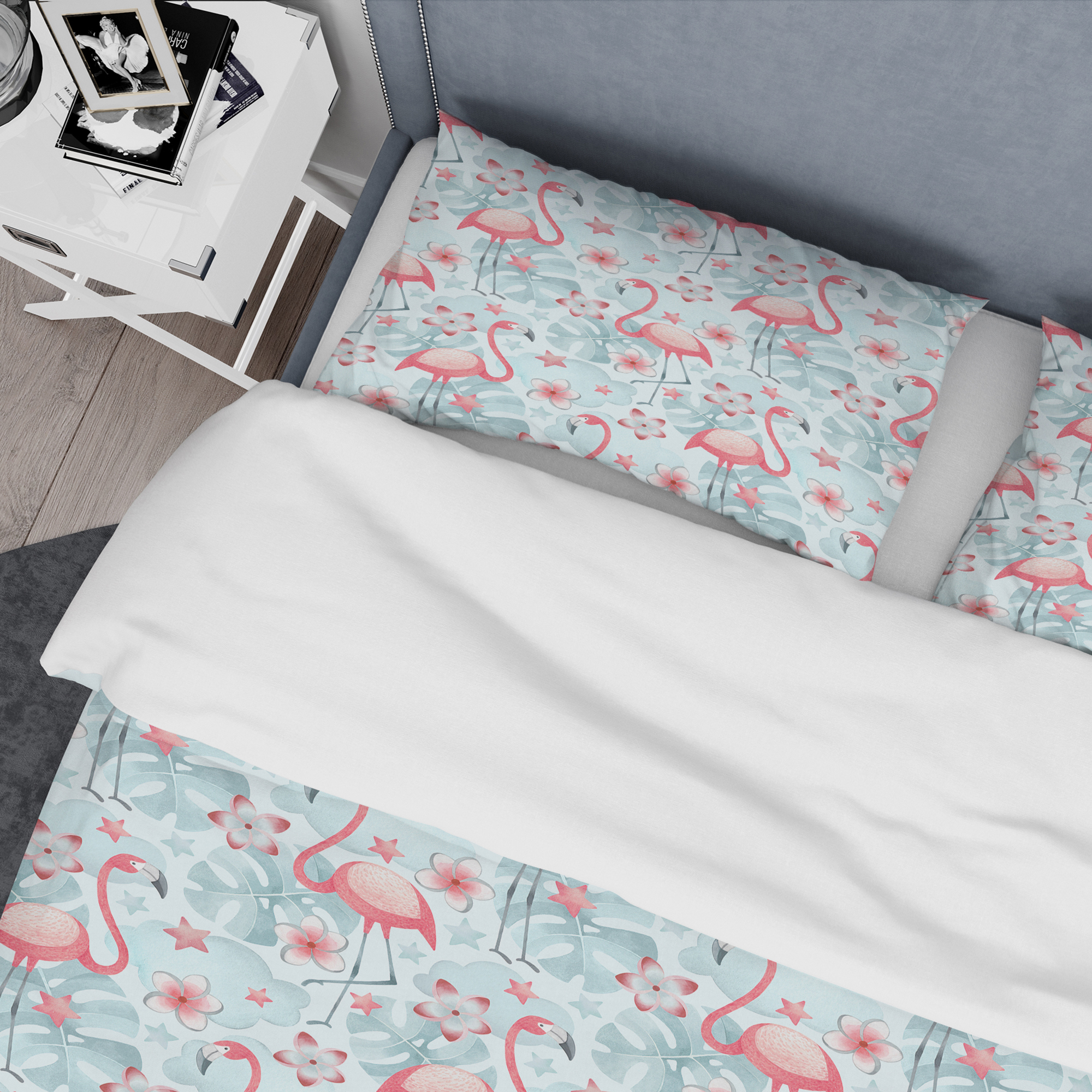 Designart 'Tropical Botanicals, Flowers And Flamingo III' Mid-Century Modern Duvet Cover Set