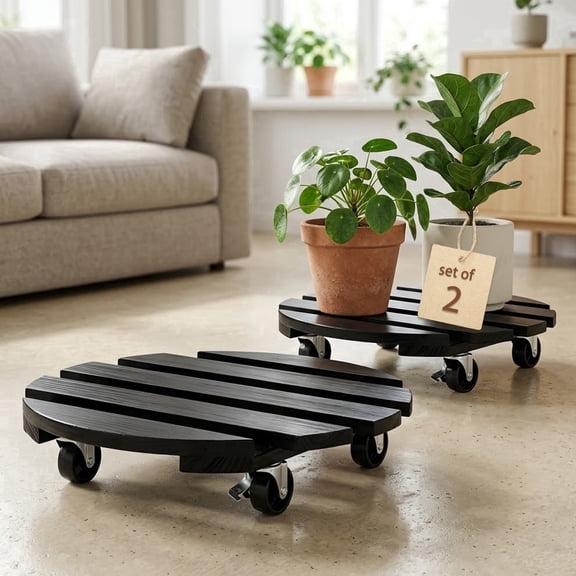 MATSKY 13" Round Wooden Plant Caddy with Wheels, 2-Pack Heavy Duty Rolling Plant Stand, 300 lbs Capacity, Black