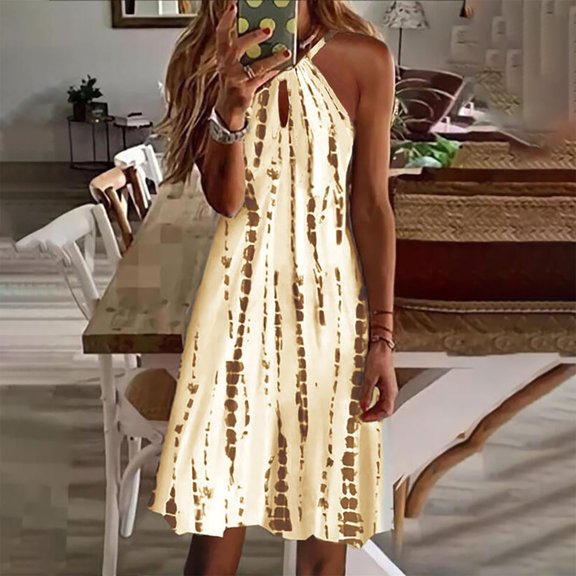 Lilgiuy Women's Summer Fashion Printed V-Neck Sleeveless Casual Belt Swing Slip Dress for Seaside Camp Control Babydoll Skirt