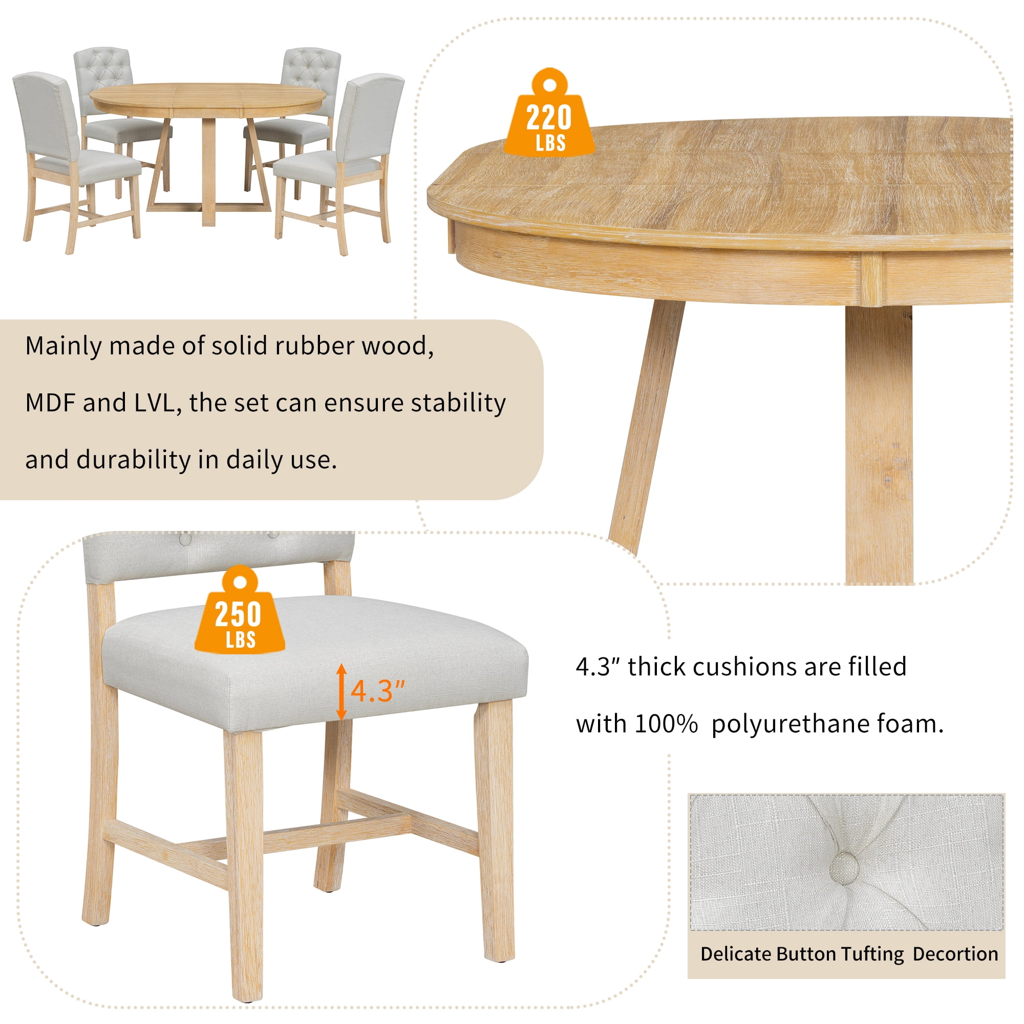 5-Piece Dining Table Set for 5, 42"-58" Extendable Round Dining Table with 4 Upholstered Chairs