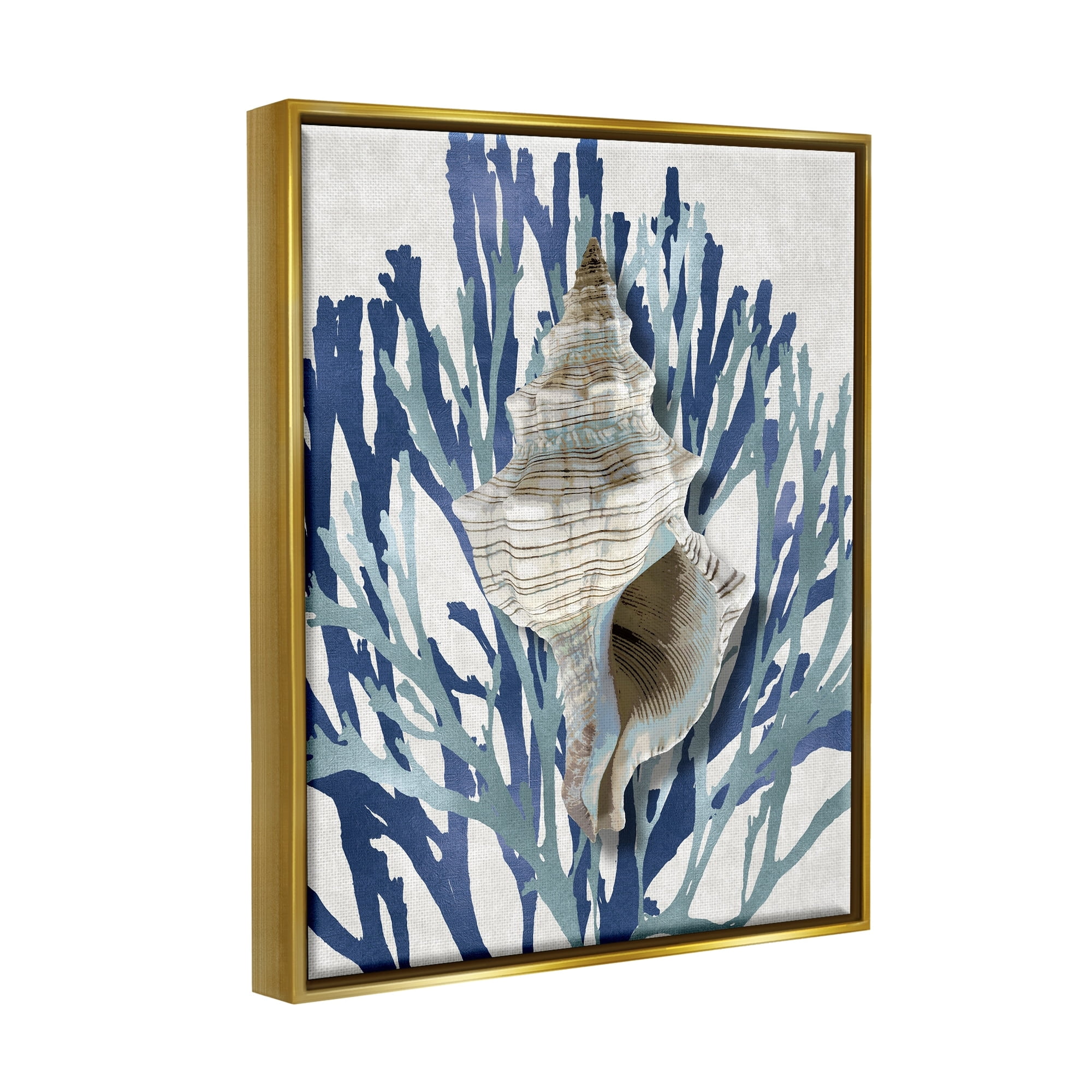 Stupell Industries Tower Shell Coral Blue Beach Design Metallic Gold Framed Floating Canvas Wall Art, 16x20, by Caroline Kelly