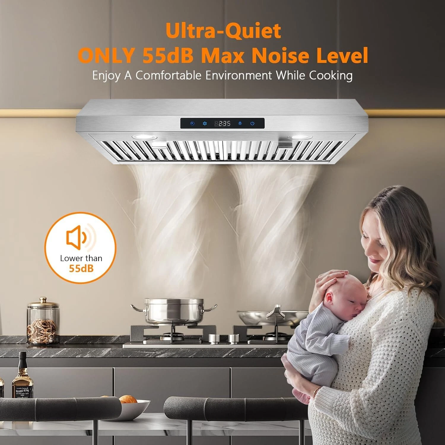 Under Cabinet Range Hood 30 inch Stainless Steel Kitchen Hood 600 CFM Stove Filter Touch Control LED Lights Ductless Range Hoods with Touch Control,3-Venting Kitchen hood,Stainless Steel Vent Hood,
