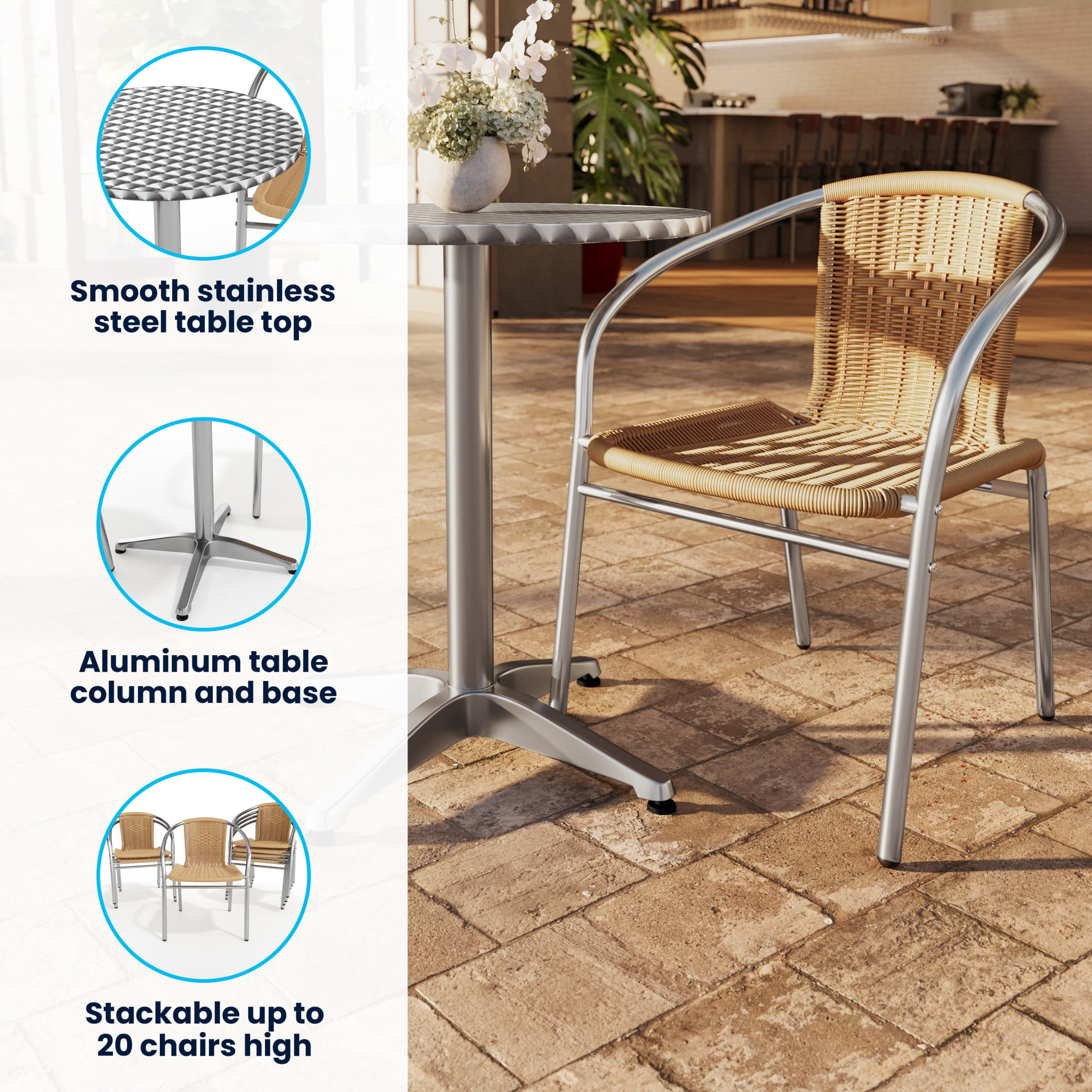 Flash Furniture 23.5'' Round Aluminum Indoor-Outdoor Table Set with 4 Beige Rattan Chairs