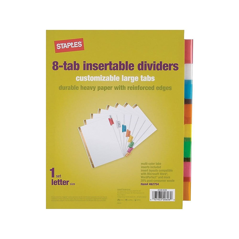 Staples Big Tab Insertable Paper Dividers 8 Tab Multicolor 13492 11123