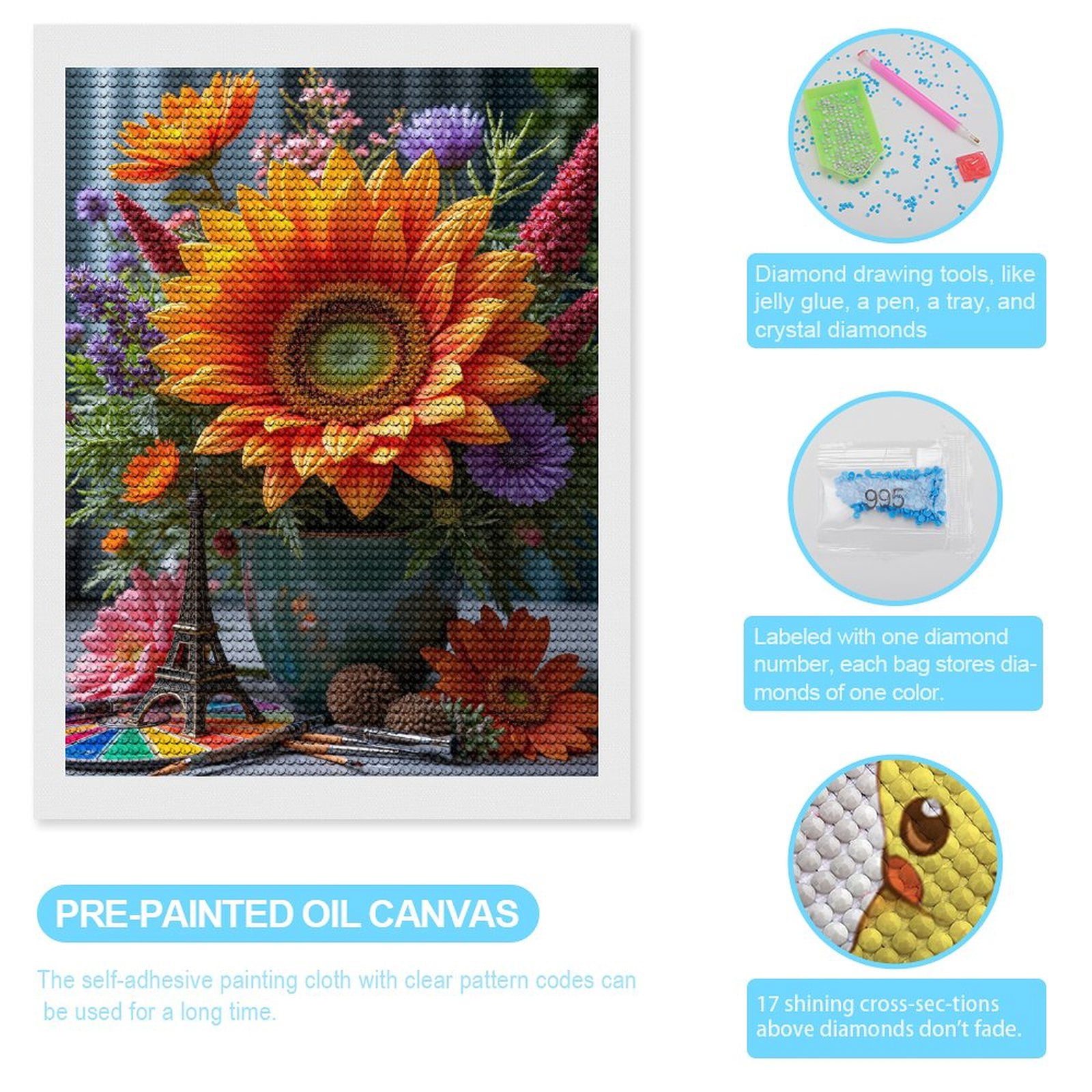 Diamond Art Kits for Adults, Sunflower Bouquet Art Eiffel 5D Diamond Painting Kits for Adults Beginners, DIY Full Drill Diamond Painting, Gem Art and Crafts 12x16