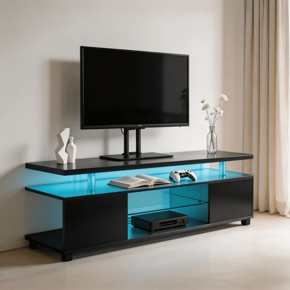 SAYGOGO 60 Inch TV Stand with LED Lights & Large Side Cabinet, Modern Media Console, Color Contrast, Black for Living Room & Bedroom