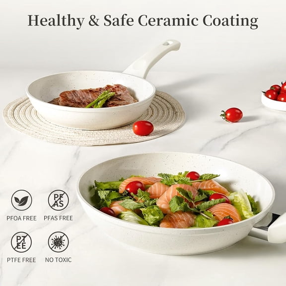 Ceramic Nonstick Frying Pan Set - White Pans With Lids, Induction Skillets for Eggs & Omelets