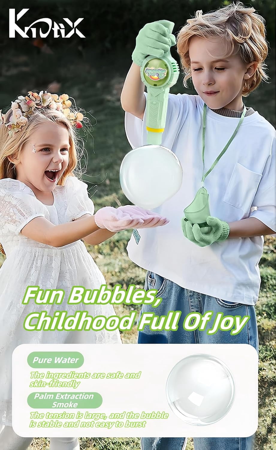 Rechargeable Elastic Smoke Bubble Machine – Magic Wand with Lights & Sound,Bubble Gloves & Spill-Proof Cup, Safe Solution (Green/Pink)