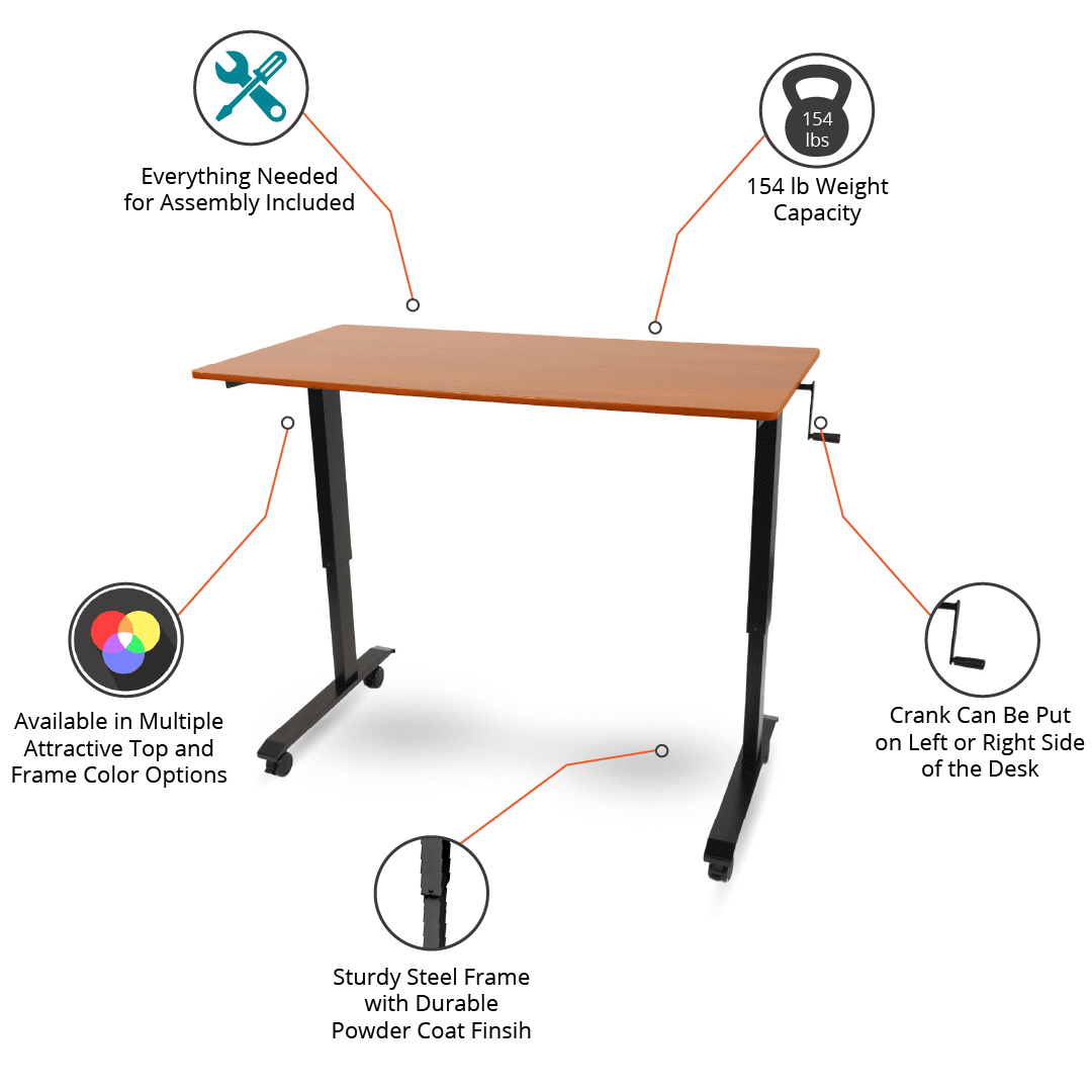 Stand Up Desk Store Crank Adjustable Height Rolling Standing Desk (Black Frame/Teak Top, 48" Wide)