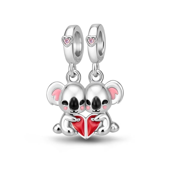 S925 Sterling Silver Koala Couple 2-in-1 Dangle Charm Pink Zircon Split Heart Bead for DIY Bracelets and Necklaces