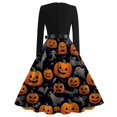 thumbnail image 3 of Vestido de Halloween de manga larga para mujer con estampado de fantasmas y murciélagos, vestido midi vintage de corte A con cinturón, 3 of 3