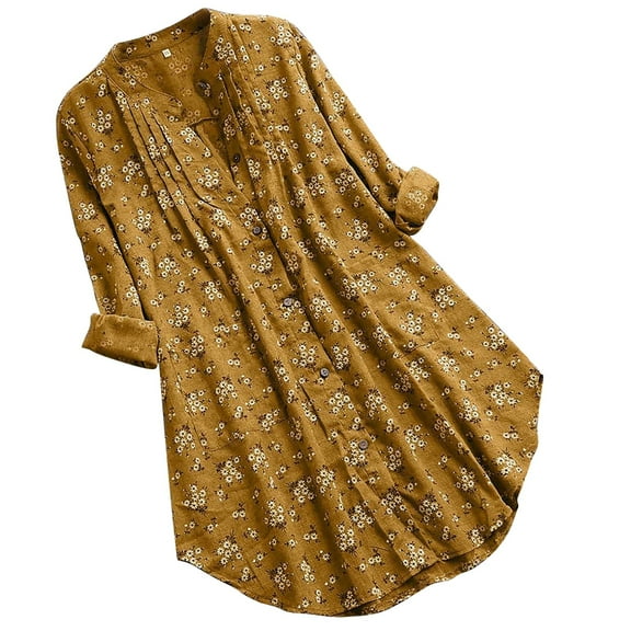 Shakumy plus Size Cotton Tunics for Women Print TShirt Tops Womens Long Pleated Casual Blouse Floral Women Tops 1x Shirt Yellow 5X-Large