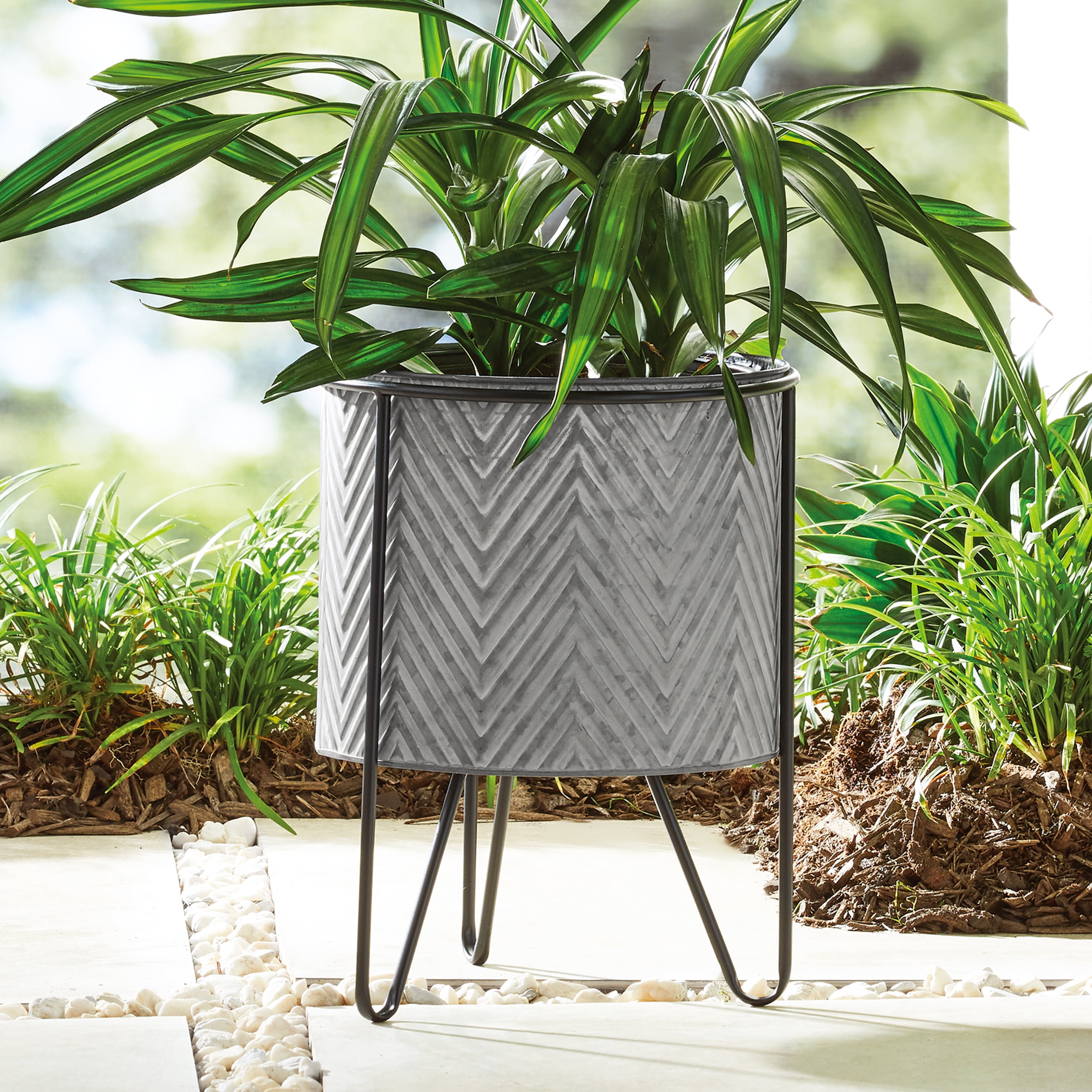 Better Homes & Gardens 12 in Metal Galvanized Gray Jayce Planter with Stand