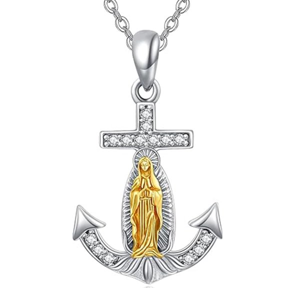 TANGPOET 925 Sterling Silver Anchor Virgin Mary Necklace Catholic Gifts Women