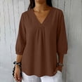 thumbnail image 7 of Womens 3/4 Sleeve V Neck Boho Peasant Blouses Dressy Casual Linen Breathable Soft Tunic Tops with Stretch Cuffs, 7 of 7