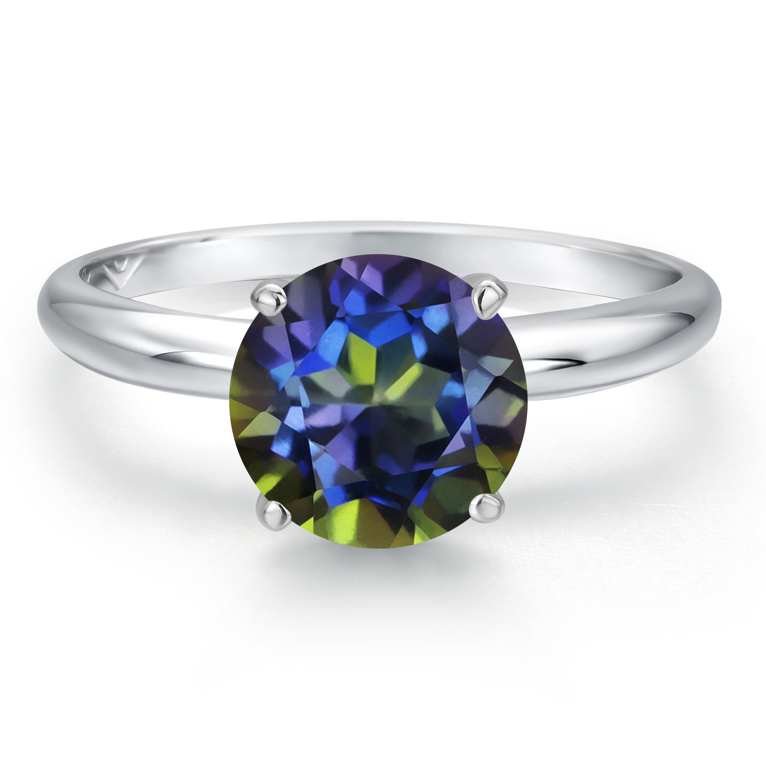 Gem Stone King 14K White Gold Blue Mystic Topaz Solitaire Engagement Ring for Women | 2.00 Cttw | Round 8MM | Gemstone November Birthstone | Size 6