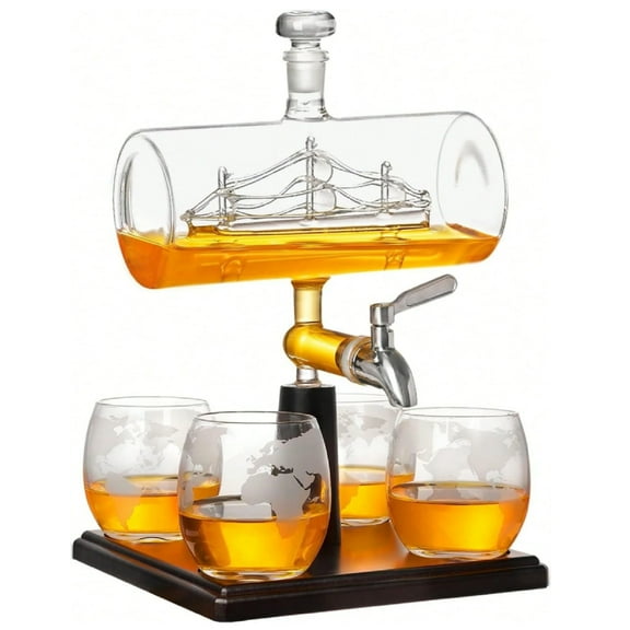 Whiskey Decanter With Antique Ship 1000ml, Whiskey Ship Decanter Set With 4 Globe Glasses, Bourbon Whiskey Gifts For Men Dad, Fathers Day Annversary Gifts For Husband, Mens Birthday Gift